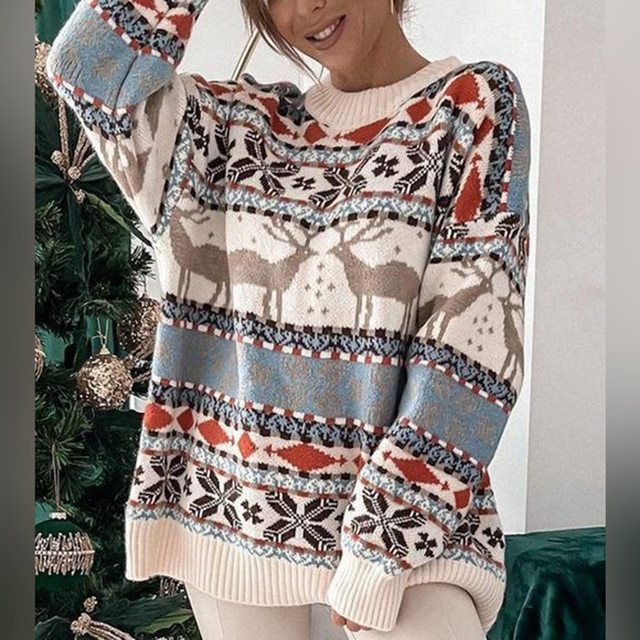 Geometric Round Neck Dropped Shoulder Sweater - Picture 5 of 11